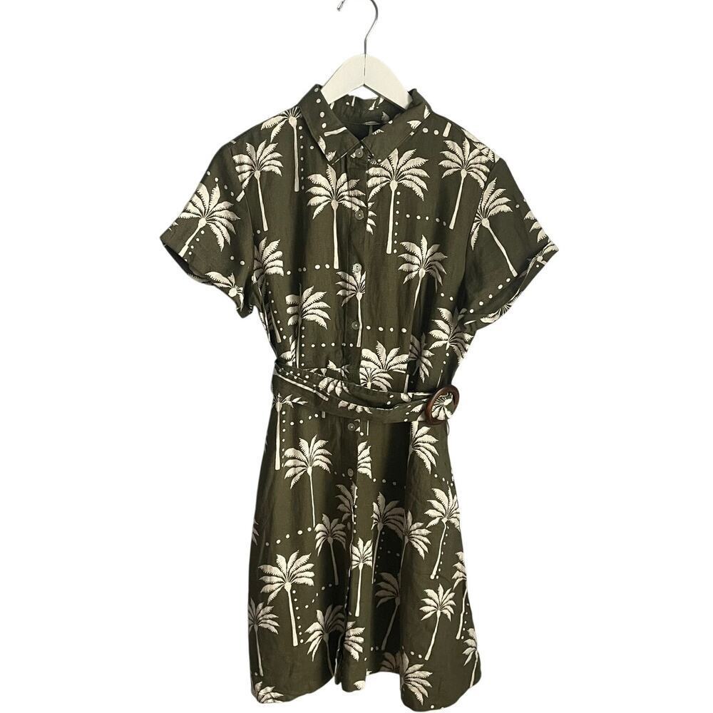 Tahari Linen Blend‎ Dress Pockets Green Tropical Belted Vacation Resort Small